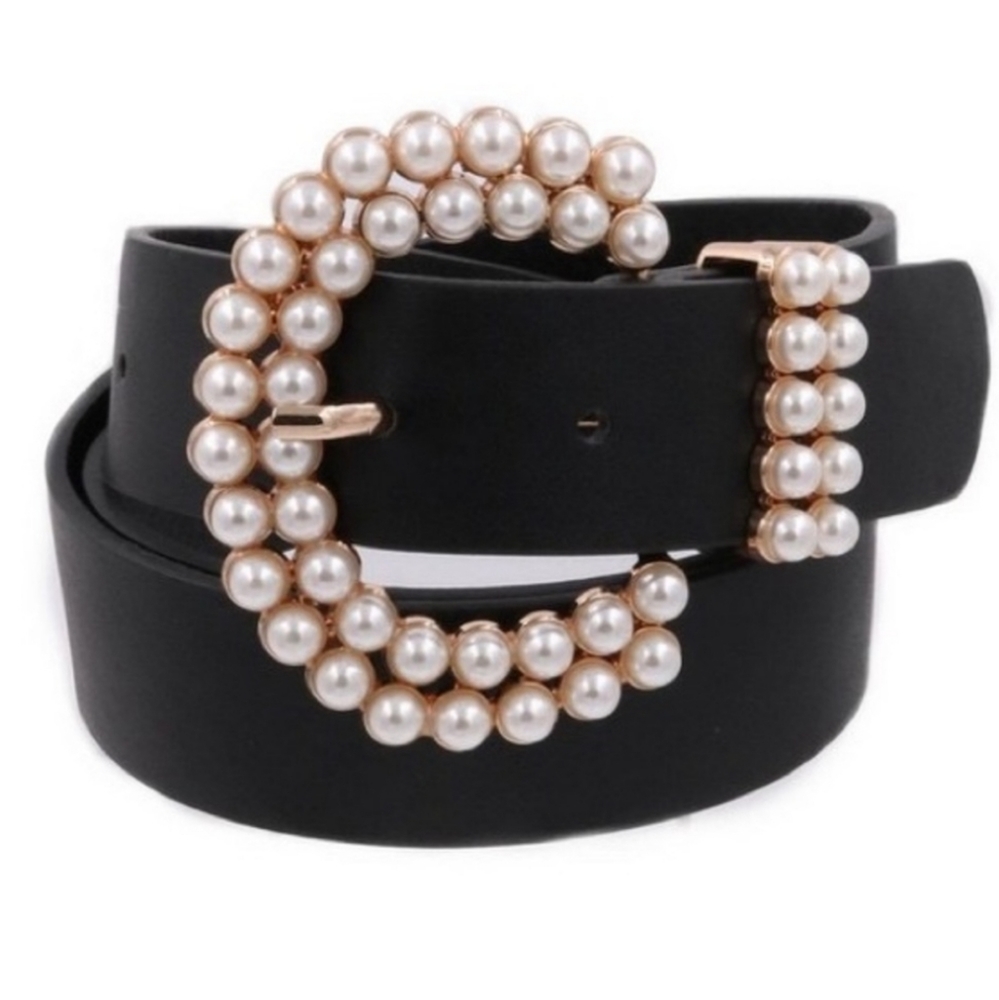 Black Vegan Leather Pearl Buckle Belt